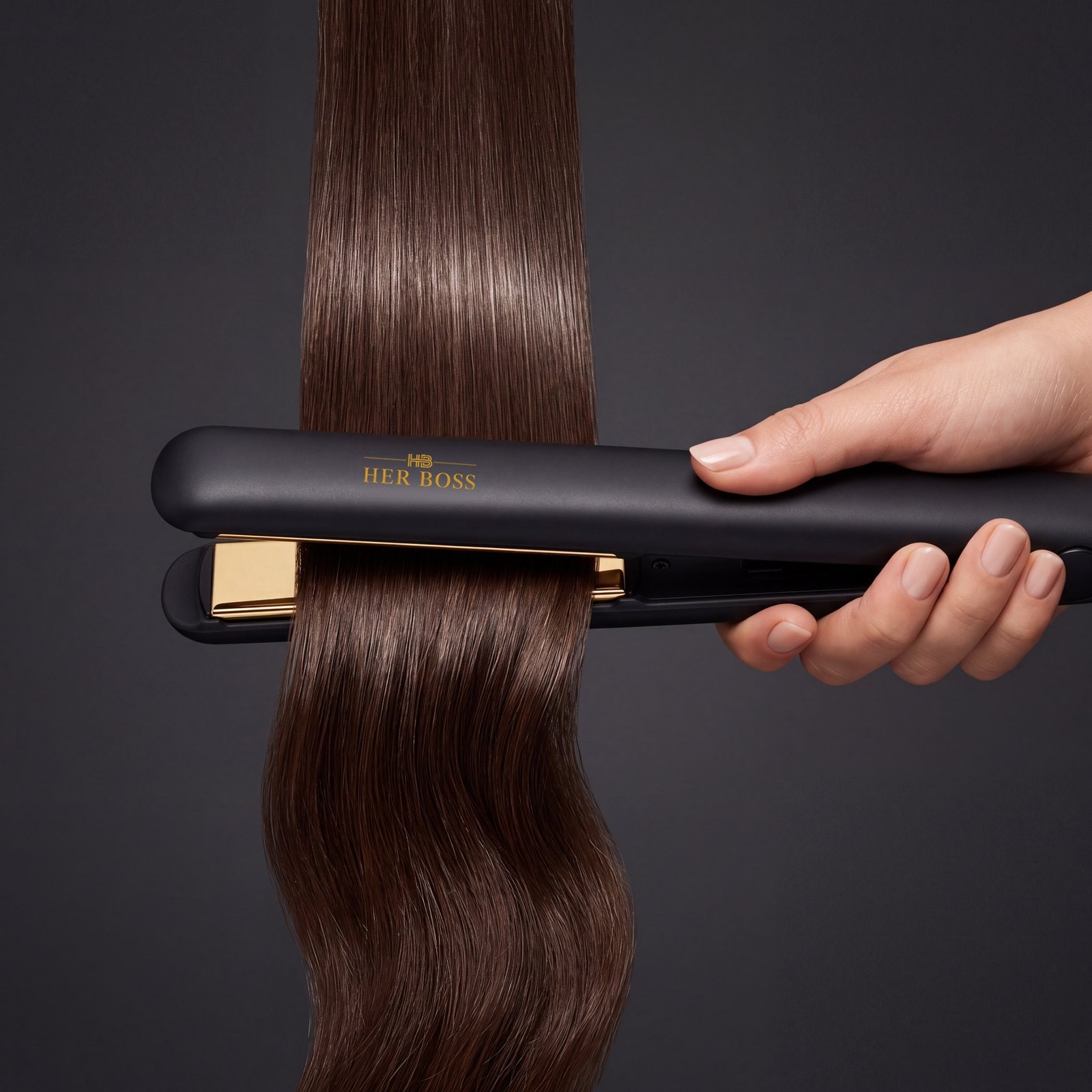 A professional flat iron closing over a strand of hair during a salon straightening